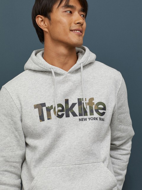 

H&M Men Grey Printed Hooded Top