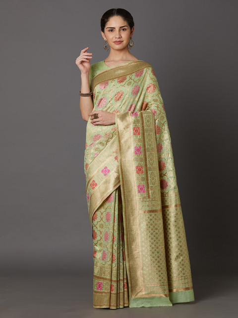 

Mitera Sea Green & Gold-Coloured Silk Blend Woven Design Kanjeevaram Saree
