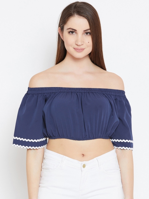 

Imfashini Women Blue Solid Bardot Crop Top