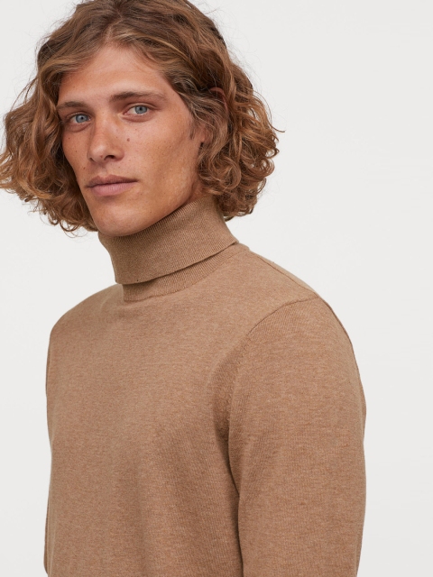 

H&M Men Beige Solid Fine-Knit Polo-Neck Jumper