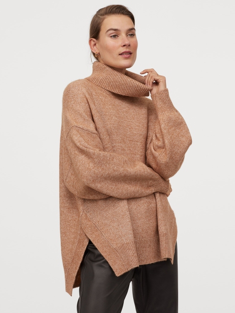 

H&M Women Beige Solid Knitted Cowl-Neck Jumper