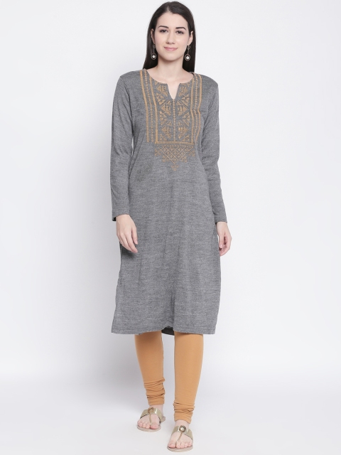 

RANGMANCH BY PANTALOONS Women Grey Yoke Design Knitted Straight Kurta