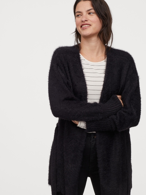 

H&M Women Black Solid Fluffy Cardigan with Tie Belt