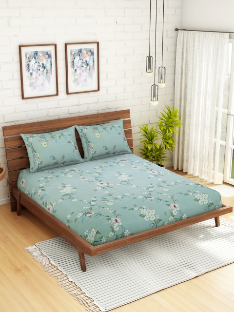 

WELHOME Green & Off-White Floral 200 TC 1 Microfibre Queen Bedsheet with 2 Pillow Covers