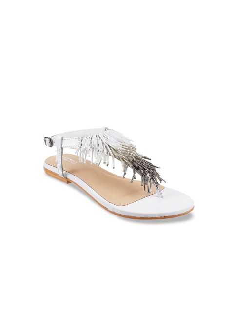 

Metro Women White & Grey Colourblocked Fringed-Embellished T-Strap Flats