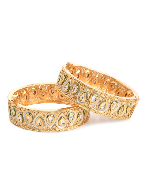 Bamboo Tree Jewels Set of 2 Gold-Toned & White Enamelled Kundan Studded Bangles