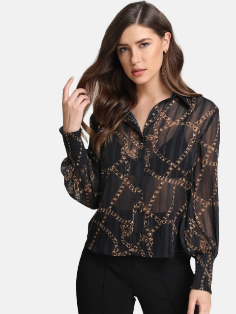 

Kazo Women Black & Beige Printed Casual Sheer Shirt