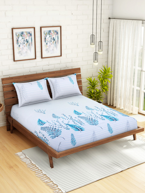 

WELHOME White & Blue Floral 200 TC 1 Microfibre Queen Bedsheet with 2 Pillow Covers