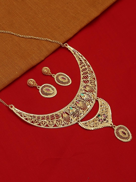 

ZeroKaata Gold-Plated & Maroon Stone Studded Layered Ethnic Jewellery Set