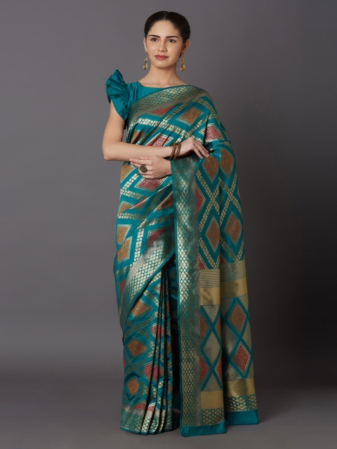 

Mitera Teal Blue Silk Blend Woven Design Kanjeevaram Saree