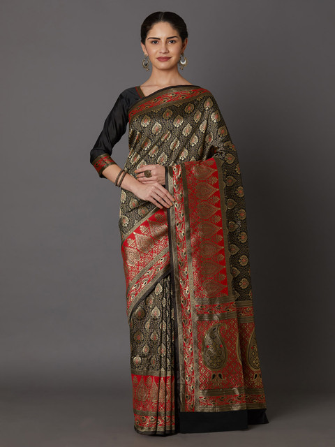 

Mitera Black & Red Silk Blend Woven Design Kanjeevaram Saree