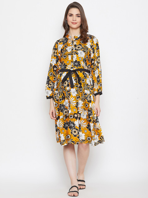 

The Kaftan Company Women Mustard Yellow Printed Shirt Maternity Dress