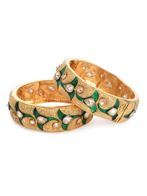 

Bamboo Tree Jewels Set of 2 Gold-Toned & Green Enamelled Kundan Studded Bangles