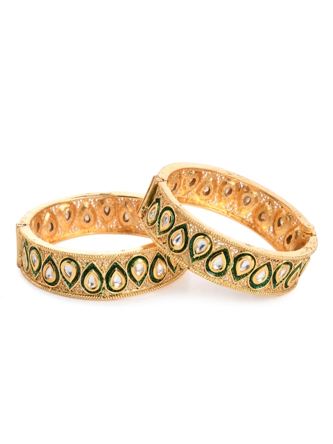 

Bamboo Tree Jewels Set of 2 Gold-Toned & Green Enamelled Kundan Studded Bangles