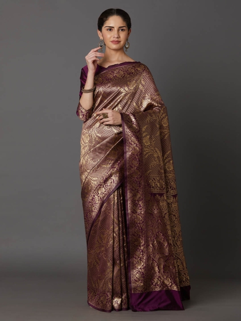 

Mitera Purple & Gold-Coloured Silk Blend Woven Design Kanjeevaram Saree