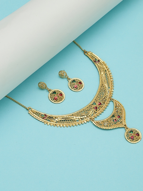 

ZeroKaata Gold-Plated & Maroon Stone Studded Layered Ethnic Jewellery Set