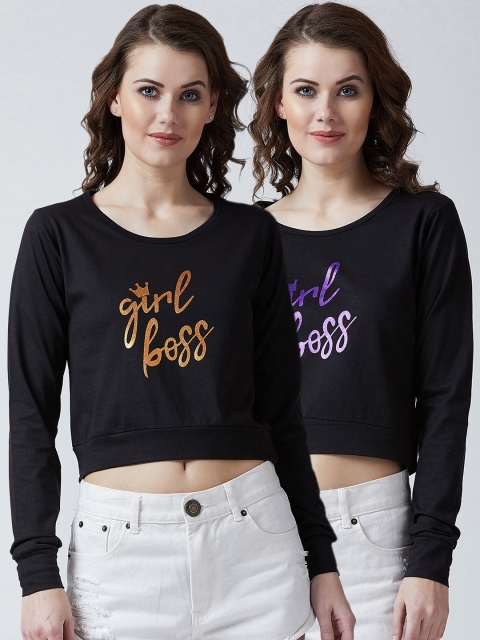 

The Dry State Women Set of 2 Black Printed Crop Pure Cotton Top