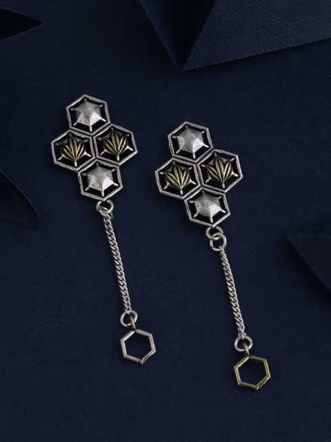 

Studio Voylla Silver-Plated & Gold-Toned Oxidised Geometric Drop Earrings