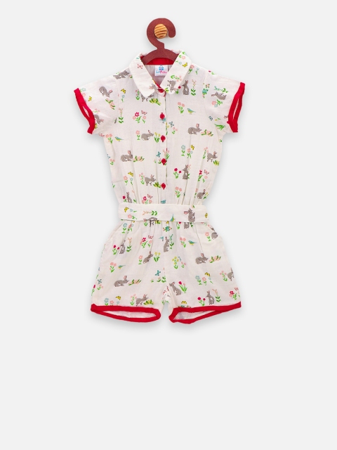 

LilPicks Girls Off-White & Red Printed Playsuit
