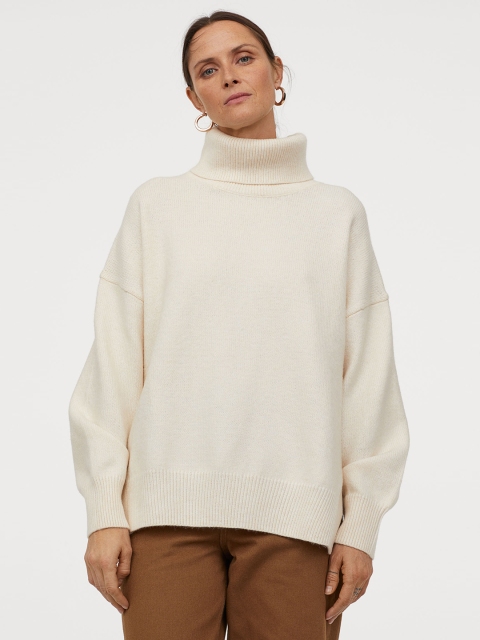 

H&M Women Off-White Solid Knitted Cowl-Neck Jumper