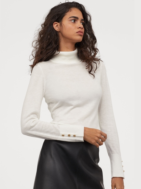 

H&M Women White Solid Fine-knit Polo-Neck Jumper