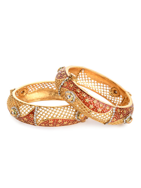 

Bamboo Tree Jewels Set of 2 Gold-Toned & Orange Enamelled Kundan Studded Bangles