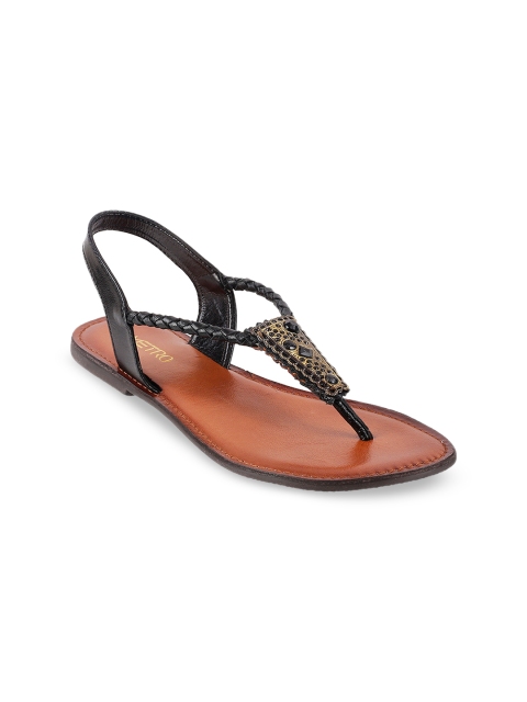 

Metro Women Black & Gold-Toned Embellished Leather Open Toe Flats