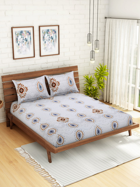 

WELHOME Grey & Brown Ethnic Motifs 200 TC 1 Microfibre Queen Bedsheet with 2 Pillow Covers