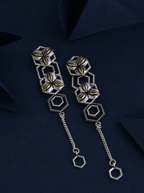 

Studio Voylla Silver-Plated & Gold-Toned Oxidised Geometric Drop Earrings