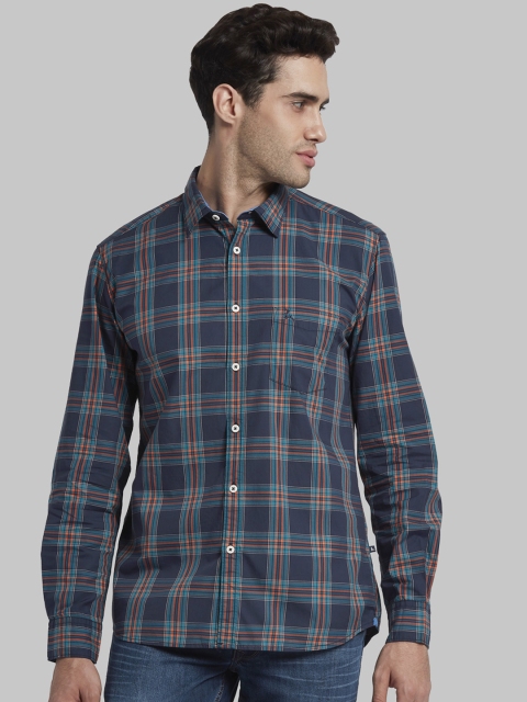 

Parx Men Blue & Coral Orange Slim Fit Checked Casual Shirt