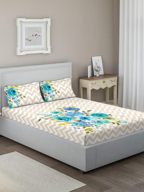

DDecor Off-White & Turquoise Blue Geometric 144 TC Cotton 1 Queen Bedsheet with 2 Pillow Covers