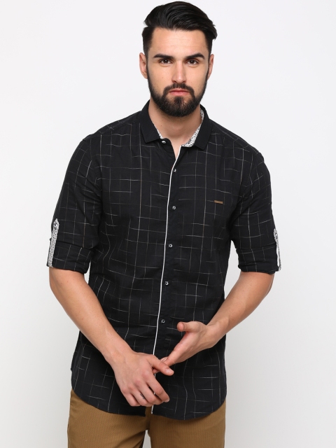 

WITH Men Black Slim Fit Checked Casual Linen Shirt