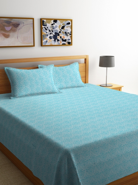 

KLOTTHE Turquoise Blue & White King Sized Printed Cotton Bed Cover With 2 Pillow Cases