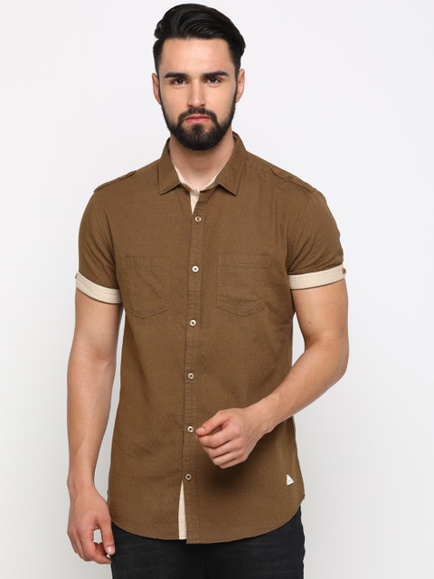 

WITH Men Brown Slim Fit Solid Casual Linen Shirt