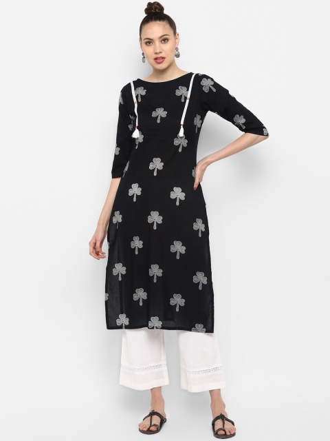 

Janasya Women Black & White Printed Kurta with Palazzos