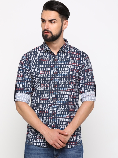 

WITH Men Navy Blue & White Slim Fit Printed Casual Shirt