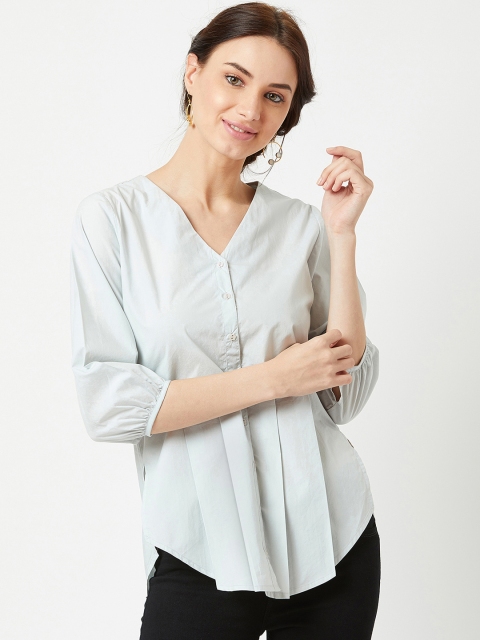 

The Wishing Chair Women Blue & Grey Solid Cinched Waist Pure Cotton Top