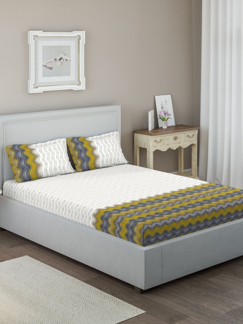 

DDecor White & Yellow Ethnic Motifs 144 TC Cotton 1 Queen Bedsheet with 2 Pillow Covers