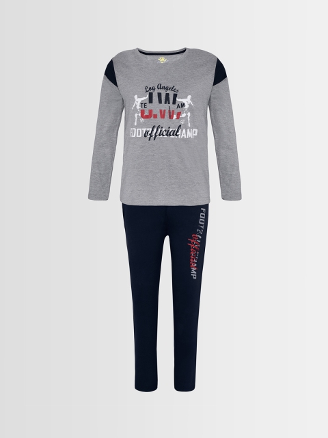 

Punkster Boys Grey Melange & Navy Blue Printed Night Suit