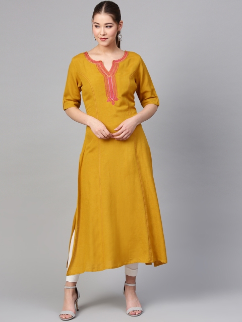 

Varanga Women Mustard Yellow Yoke Design Asymmetric Hemline A-Line Kurta