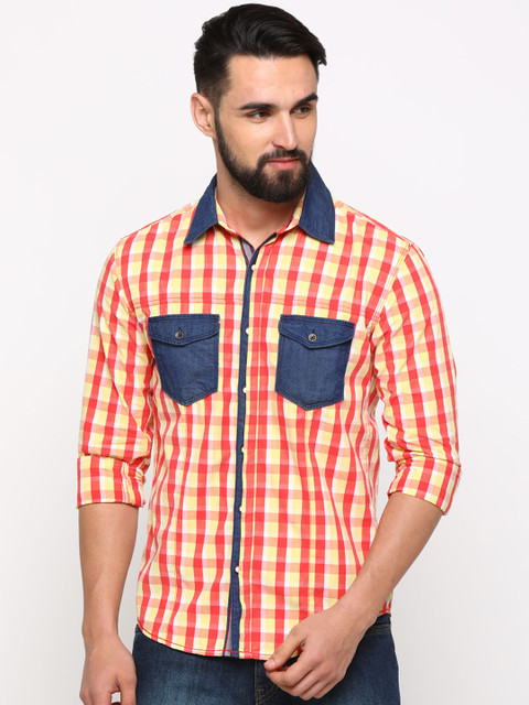 

WITH Men Orange & Yellow Slim Fit Checked Casual Shirt