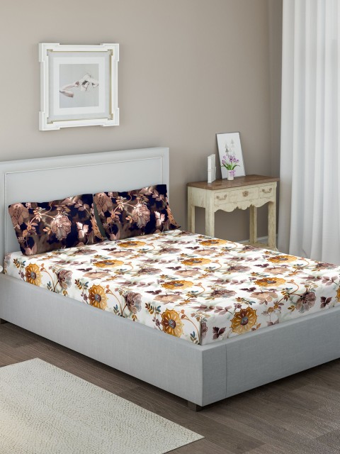 

DDecor Brown & Yellow Floral 144 TC Cotton 1 Queen Bedsheet with 2 Pillow Covers