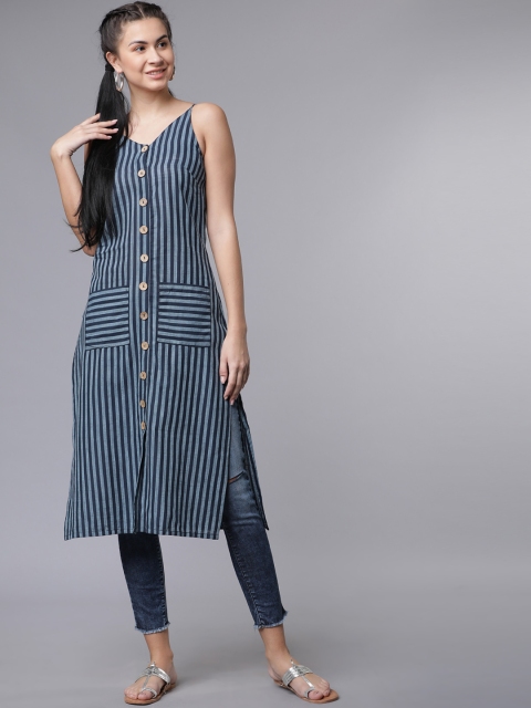 

Vishudh Women Navy Blue Striped Straight Kurta