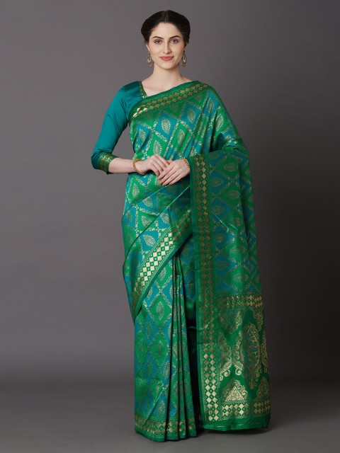 

Mitera Teal & Gold-Coloured Silk Blend Woven Design Kanjeevaram Saree
