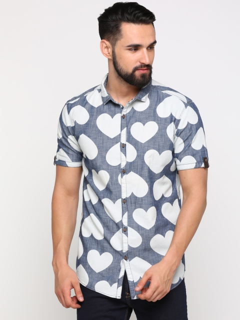 

WITH Men Blue & White Slim Fit Printed Casual Shirt