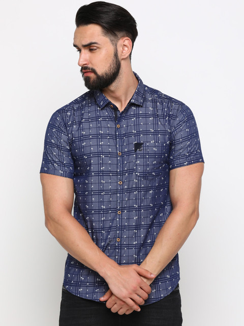 

WITH Men Navy Blue & White Slim Fit Checked Casual Shirt