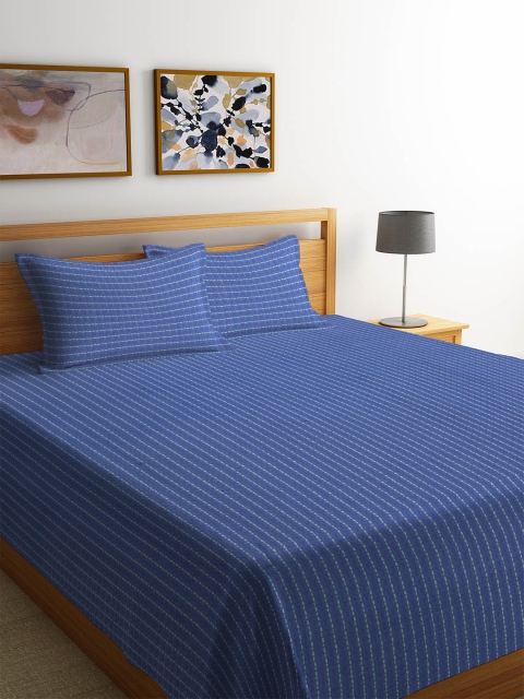 

KLOTTHE Blue & Yellow Striped King Sized Bed Cover With Two Pillow Covers