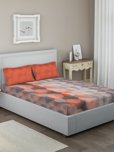 

DDecor Orange & Grey Geometric 144 TC Cotton 1 Queen Bedsheet with 2 Pillow Covers