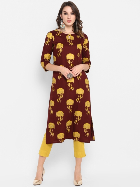 

Janasya Women Brown & Yellow Printed Kurta with Trousers