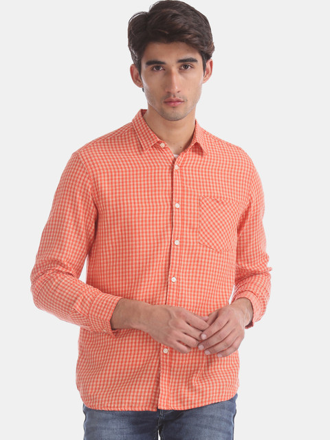 

Flying Machine Men Orange Regular Fit Checked Casual Shirt